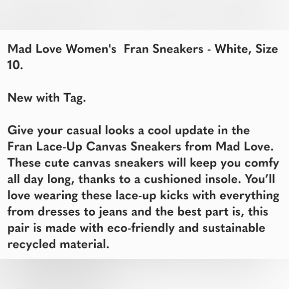 *Mad Love Women's  Fran Sneakers - White, Size 10 - Picture 2 of 7